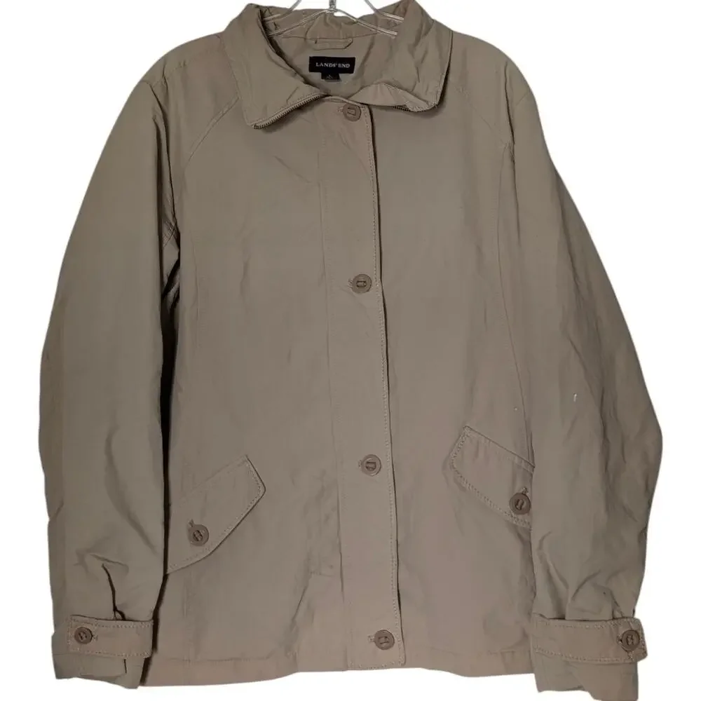 Lands' End Jacket Mens Large 14-16 Tan‎ Khaki Zip Front Button Placket Pockets